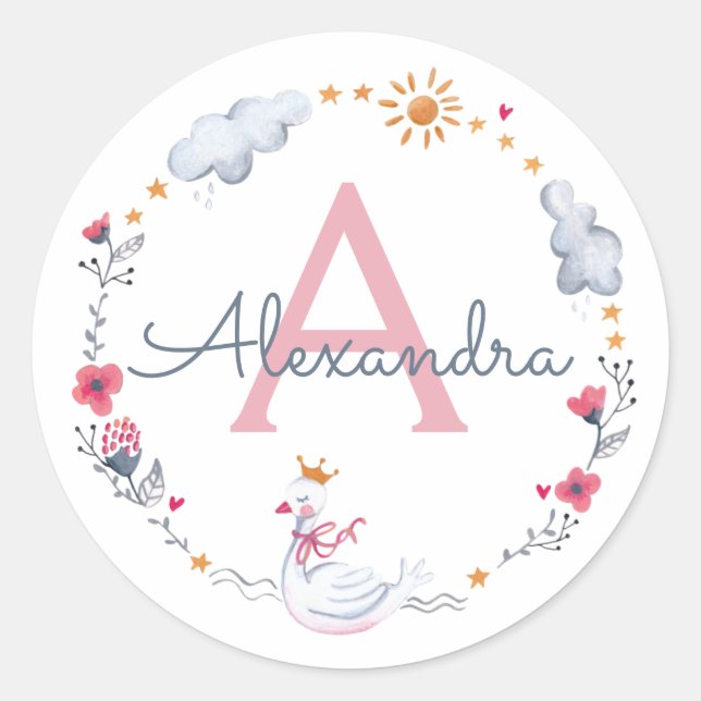 Pegatina Redonda Cisne rosa y corona floral con monograma (Anverso)