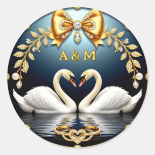 Pegatina Redonda Cisnes de boda azules con tema de anillos y escudo