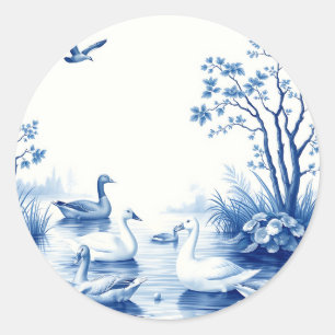 Pegatina Redonda Cisnes del lago Blue Willow