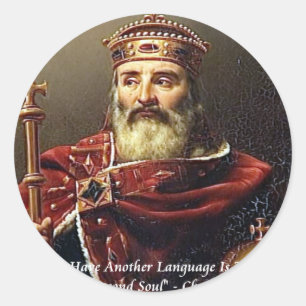 Pegatina Redonda Cita de idiomas famosos y carlomagno
