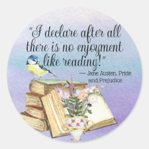Pegatina Redonda Cita de lectura de libro de Jane Austen con flores