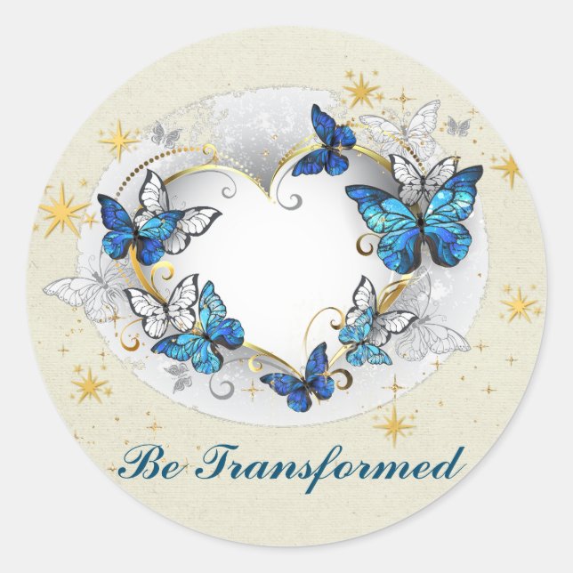 Pegatina Redonda Cita de transformación corazón y mariposas azules (Anverso)