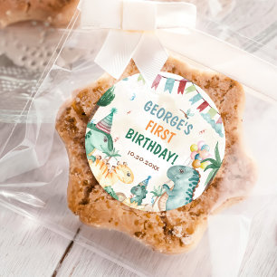 Pegatina Redonda Cita Dinosaurios Primera fiesta de cumpleaños