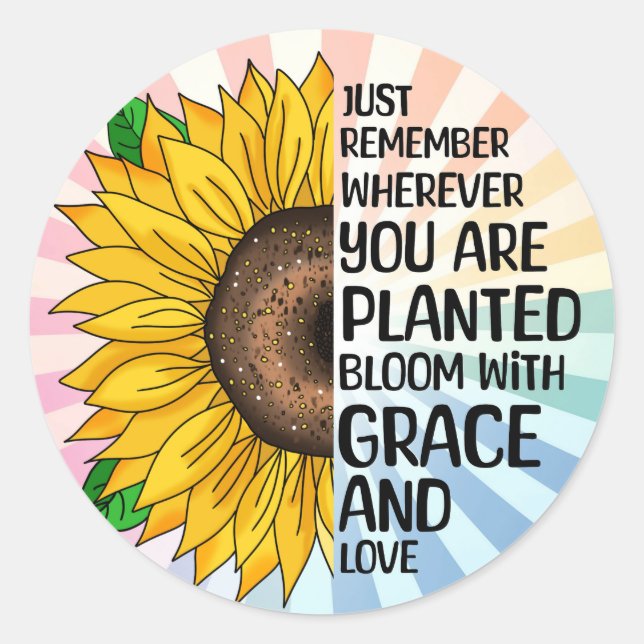 Pegatina Redonda Cita inspiradora y girasol dibujado a mano (Anverso)