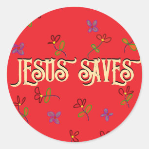 Pegatina Redonda Cita «Jesús salva» con flores en rojo