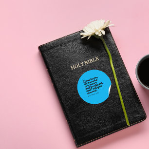 Pegatina Redonda Citas de la Biblia: Ven a mí todo - Bg azul