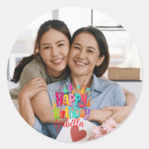 Pegatina Redonda Citas personalizadas de cumpleaños feliz con foto
