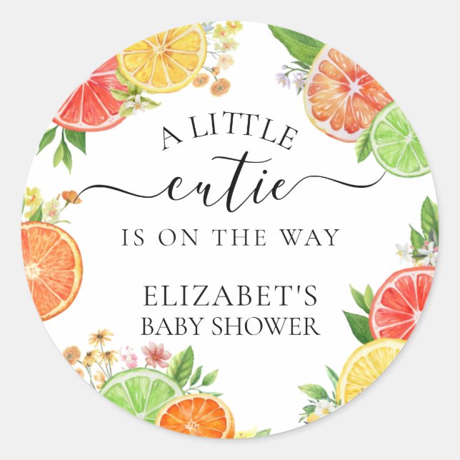 Pegatina Redonda Citrus A Little Cutie Baby Shower (Anverso)