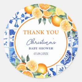 Pegatina Redonda Citrus Blue Tiles Baby Shower Gracias