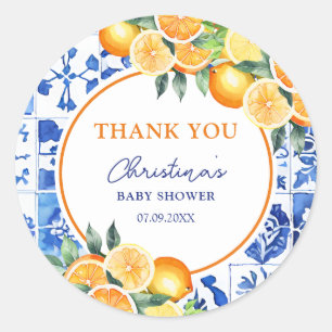Pegatina Redonda Citrus Blue Tiles Baby Shower Gracias