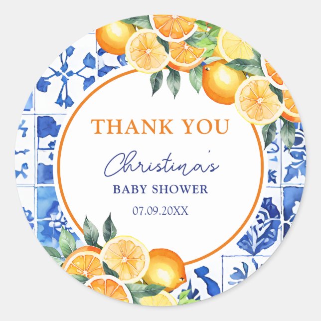 Pegatina Redonda Citrus Blue Tiles Baby Shower Gracias (Anverso)
