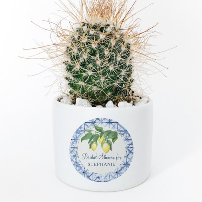 Pegatina Redonda Citrus limón con hoja Foliage Azul n Blanco Patrón (Subido por el creador)