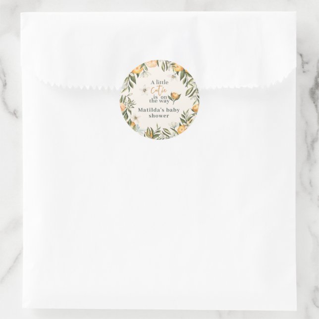 Pegatina Redonda Citrus, naranja + flor pequeña ducha de bebé cután (Bolso)