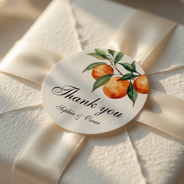 Pegatina Redonda Citrus Wedding Thank You | Mediterranean Orange (Subido por el creador)
