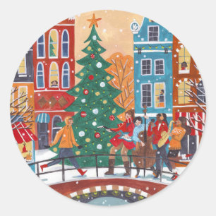 Pegatina Redonda Ciudad de Amsterdam dibujada a mano Navidad
