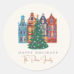 Pegatina Redonda Ciudad de Amsterdam dibujada a mano Navidad