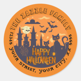 Pegatina Redonda Ciudad de Halloween con encantadores gatos negros