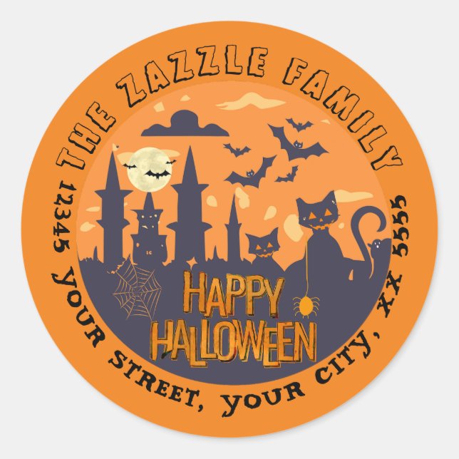Pegatina Redonda Ciudad de Halloween con encantadores gatos negros (Anverso)