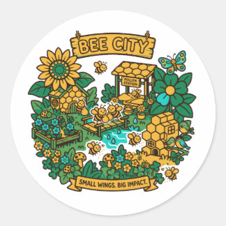 Pegatina Redonda Ciudad de las Abejas Alas Pequeñas Gran Impacto 