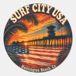 Pegatina Redonda CIUDAD DE SURF USA - Bandera Americana