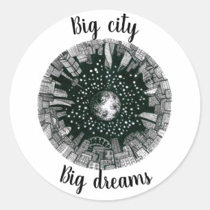 Pegatina Redonda Ciudad panorámica en blanco y negro bajo la luna
