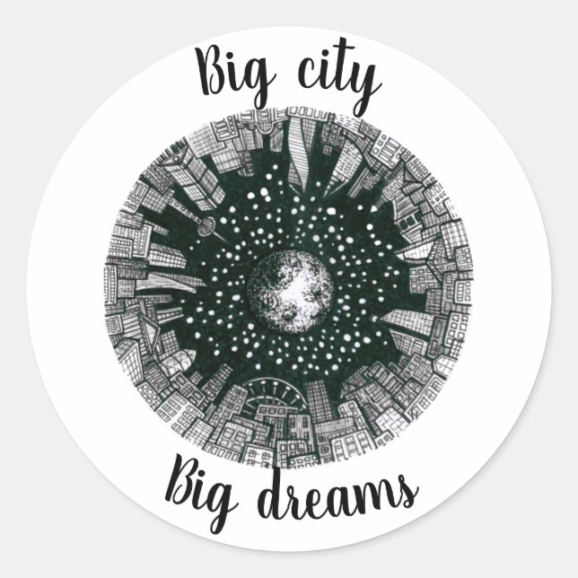 Pegatina Redonda Ciudad panorámica en blanco y negro bajo la luna (Anverso)