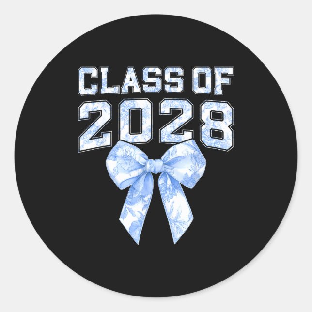 Pegatina Redonda Cl Of 2028 Blue Toile Floral Coquette Bow Girl Kid (Anverso)