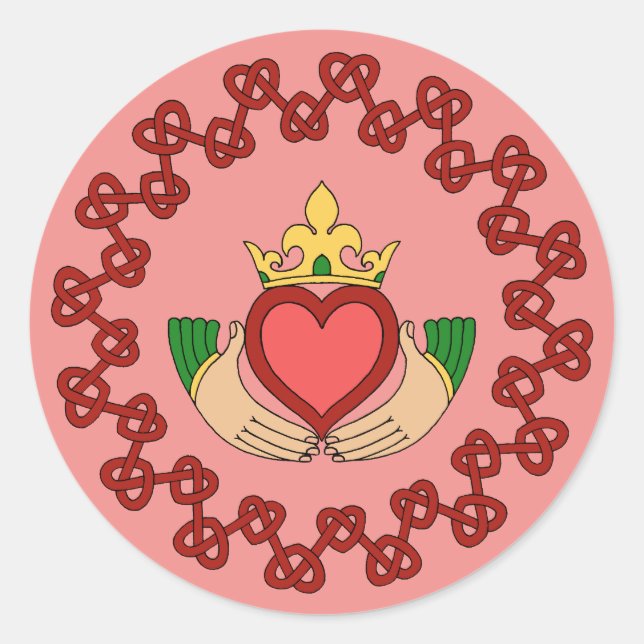 Pegatina Redonda Claddagh y Red Knotwork sobre rosa (Anverso)