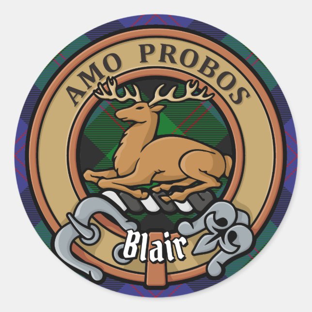 Pegatina Redonda Clan Blair Escudo por Tartán (Anverso)