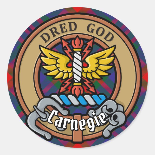 Pegatina Redonda Clan Carnegie Escudo sobre Tartán (Anverso)