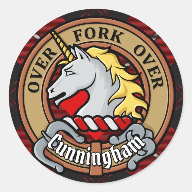 Pegatina Redonda Clan Cunningham Escudo por Tartán (Anverso)