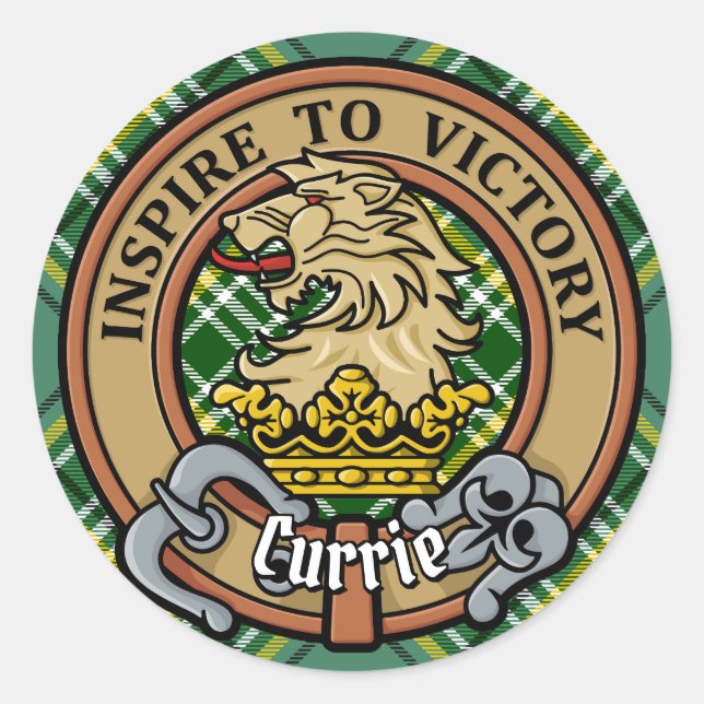 Pegatina Redonda Clan Currie Lion Escudo sobre Tartán (Anverso)
