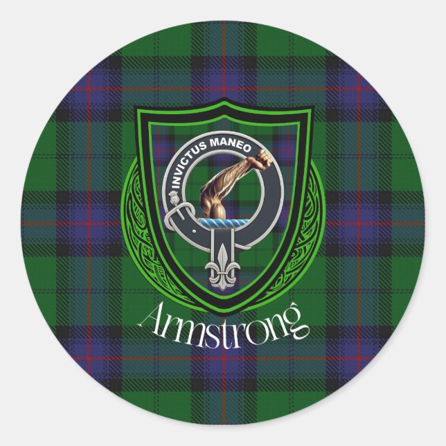 Pegatina Redonda Clan escocés Armstrong Tartán y Escudo (Anverso)