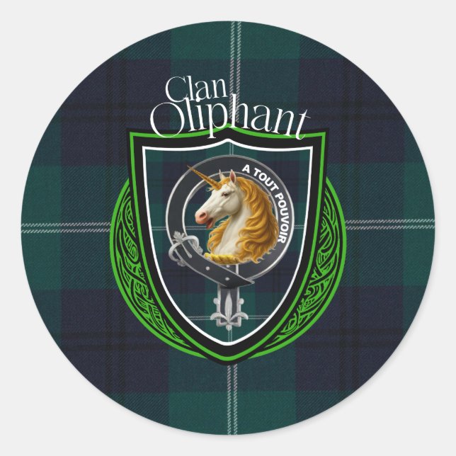 Pegatina Redonda Clan escocés Oliphant Tartán y Escudo (Anverso)