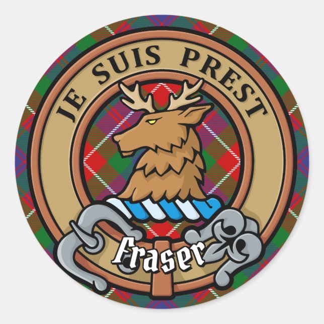 Pegatina Redonda Clan Fraser de Lovat Escudo sobre Tartán (Anverso)