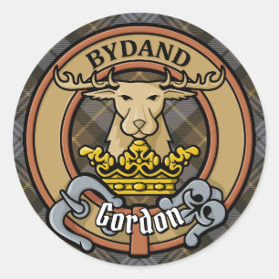 Pegatina Redonda Clan Gordon Escudo sobre el tartán erosionado