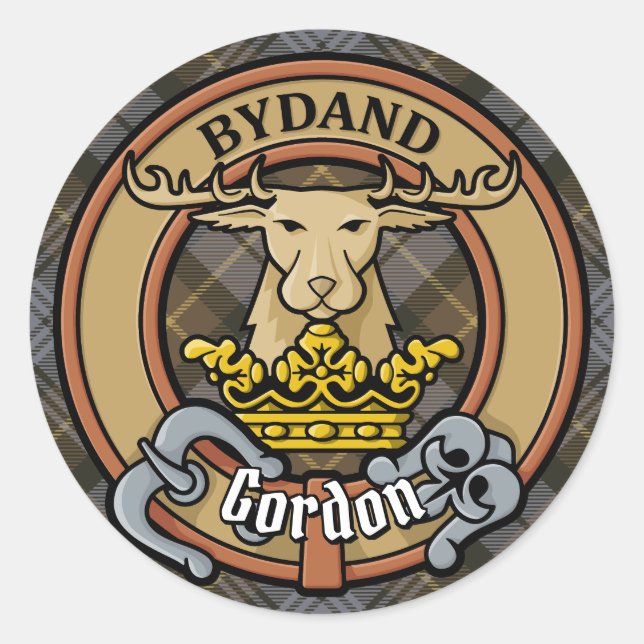 Pegatina Redonda Clan Gordon Escudo sobre el tartán erosionado (Anverso)