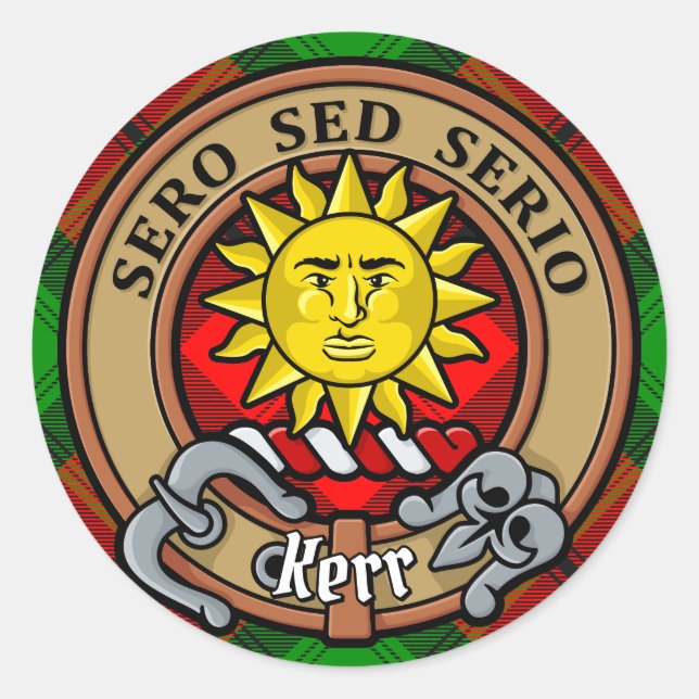 Pegatina Redonda Clan Kerr Escudo por Tartán (Anverso)