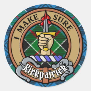 Pegatina Redonda Clan Kirkpatrick Escudo sobre Tartán