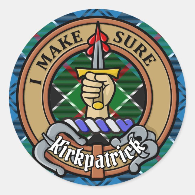 Pegatina Redonda Clan Kirkpatrick Escudo sobre Tartán (Anverso)