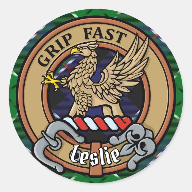 Pegatina Redonda Clan Leslie Escudo sobre la caza de tartán (Anverso)