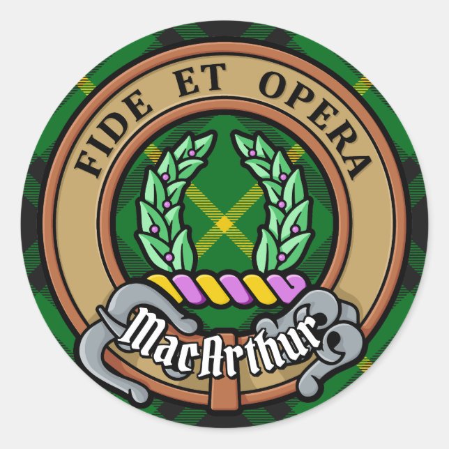 Pegatina Redonda Clan MacArthur Escudo sobre Tartán (Anverso)