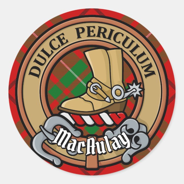 Pegatina Redonda Clan MacAulay Escudo sobre Tartán (Anverso)