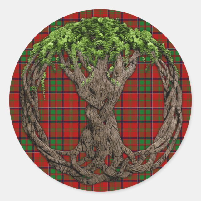 Pegatina Redonda Clan MacDonald de Glencoe Tartán y árbol celta (Anverso)