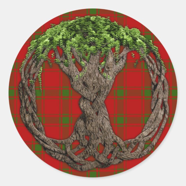 Pegatina Redonda Clan MacDonald de Sleat Tartán y árbol celta (Anverso)