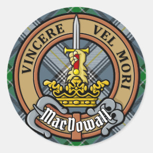 Pegatina Redonda Clan MacDowall Escudo sobre Tartán