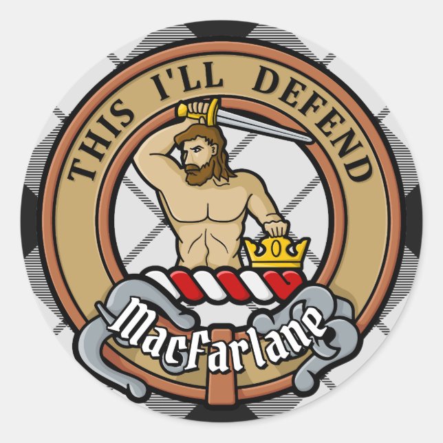 Pegatina Redonda Clan MacFarlane Escudo sobre el tartán blanco y ne (Anverso)