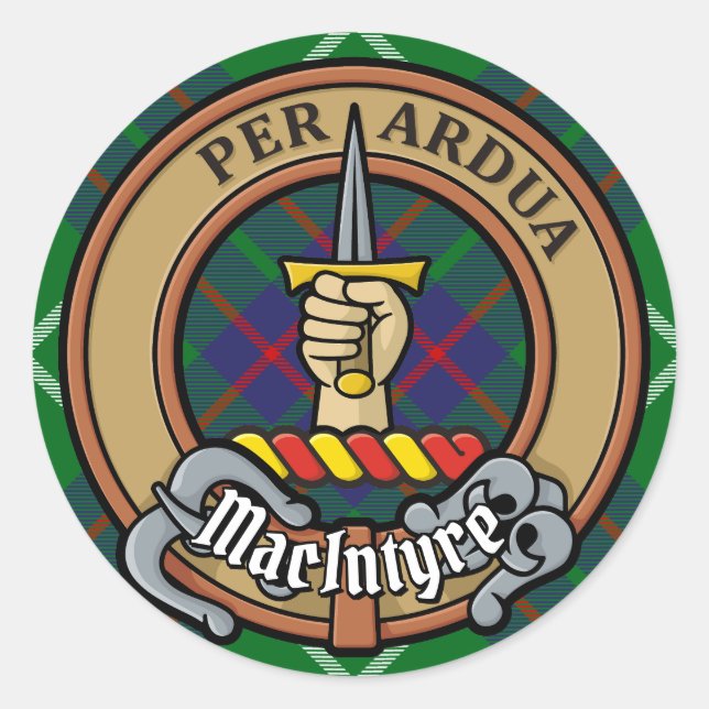 Pegatina Redonda Clan MacIntyre Escudo sobre la caza de tartán (Anverso)