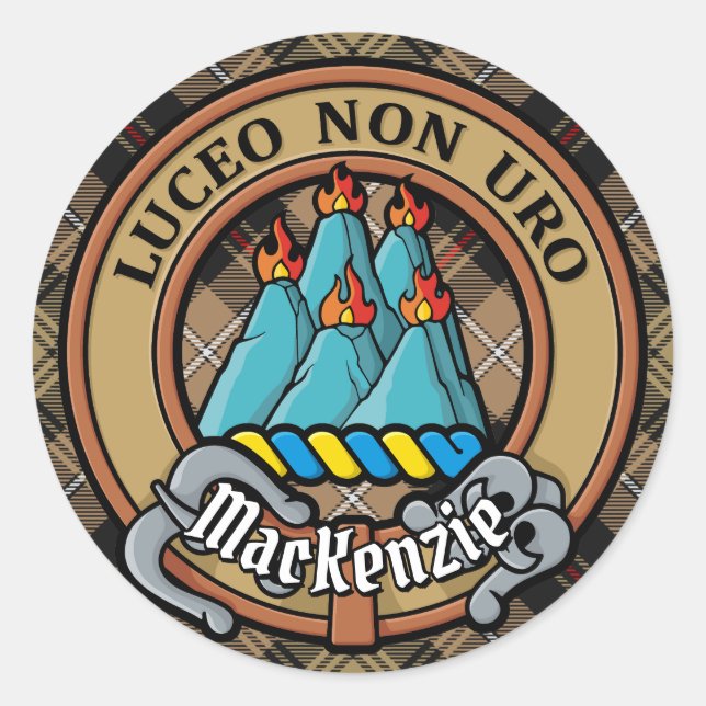 Pegatina Redonda Clan MacKenzie Escudo sobre Brown Hunting Tartán (Anverso)