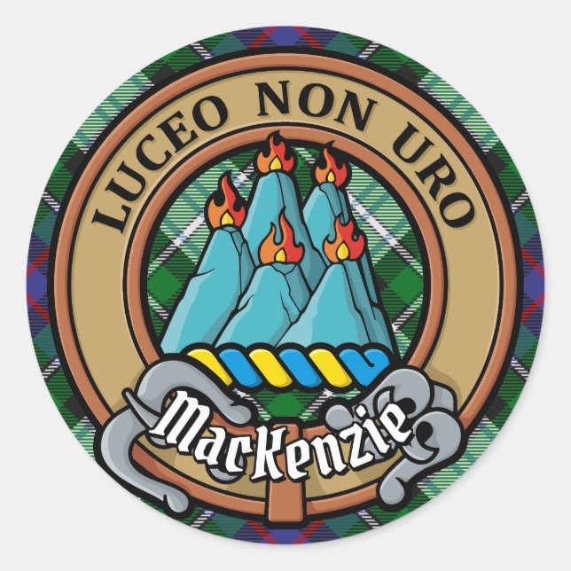 Pegatina Redonda Clan MacKenzie Escudo sobre el vestido Tartán (Anverso)